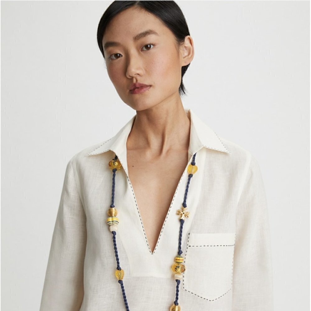 Tory Burch Long Beaded Necklace Silk Cord Gold Beads Statement Layering Necklace